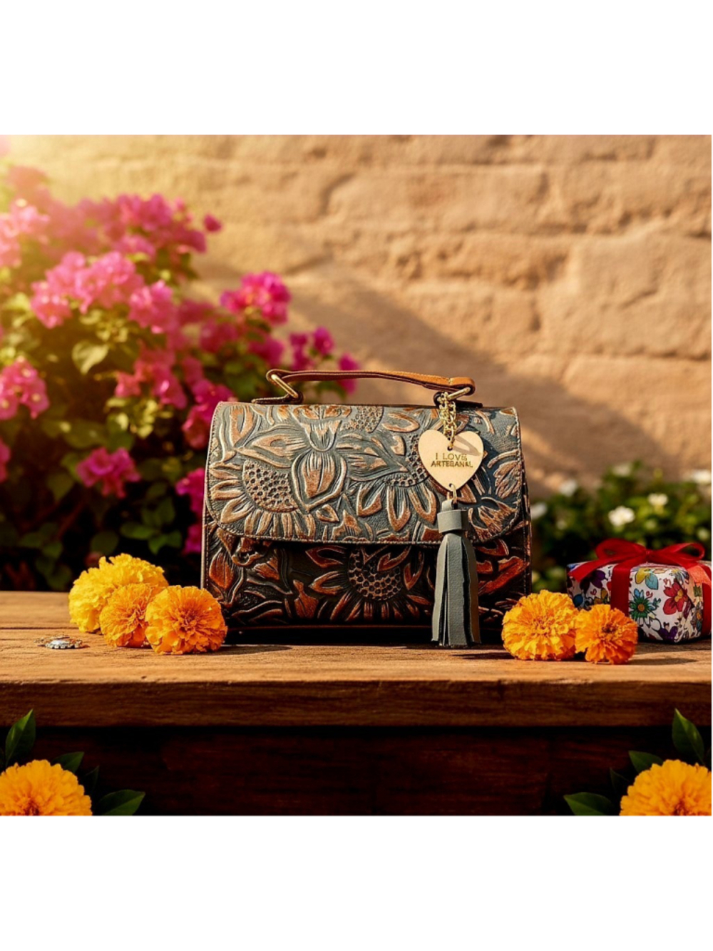 Grayish Navy Blue GOLD Sunflower Embossed Tooled Artisan Leather Crossbody Purse